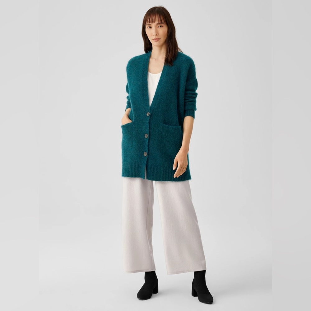 NWT Eileen Fisher Mohair Plush Melange V-Neck Cardigan Alpine Teal Blue